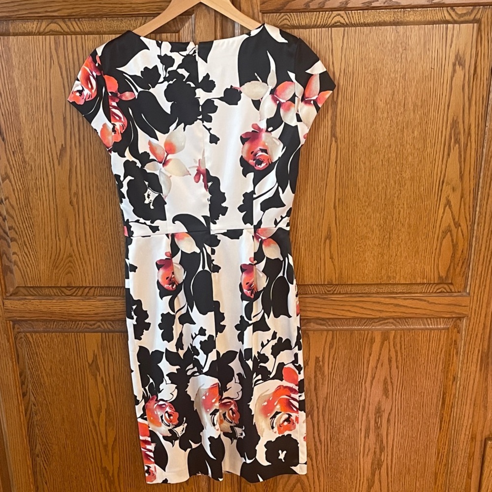 White House Black Market Black & White Floral Midi Dress with Coral Roses - Picture 5 of 7